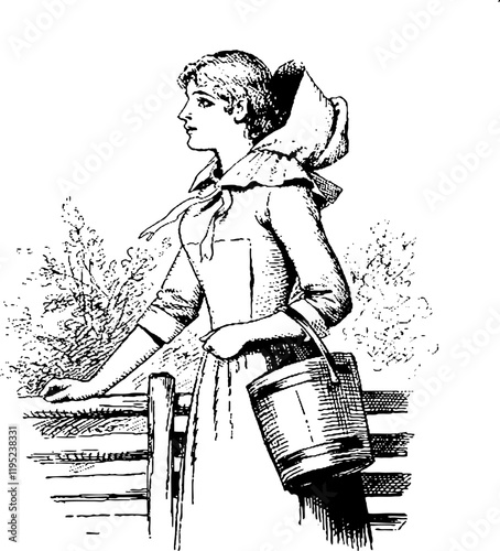 Vintage drawing, profile of a girl with bonnet and bucket leaning on a fence.