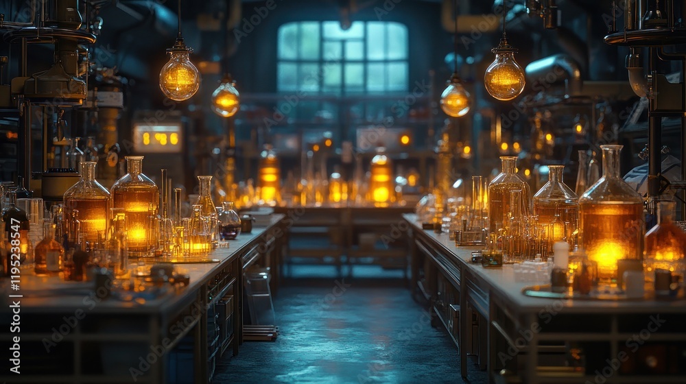 Glowing amber liquids in glass bottles and flasks fill a dimly lit steampunk laboratory. Glowing amber liquids in glass bottles and flasks fill a dimly lit steampunk laboratory.