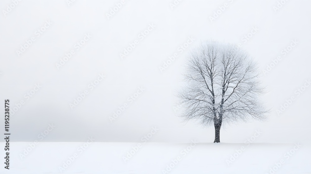 Fototapeta premium Isolated tree in a snowy landscape with soft fog and minimal color