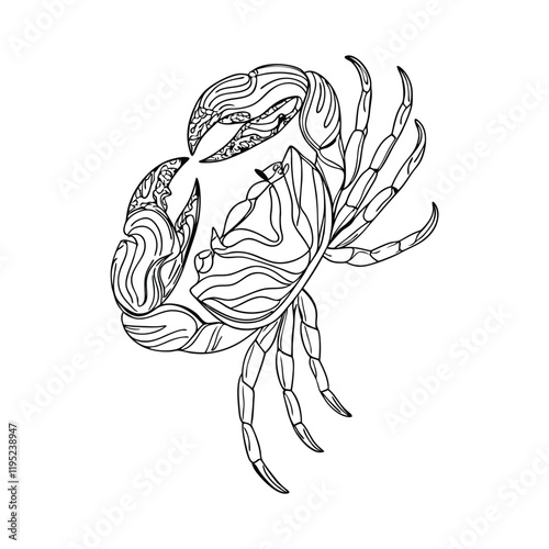 Discover an intricate crab zentangle art illustration, isolated on a white background. Perfect for creative projects, tattoos, decor, and more, this detailed vector design exudes elegance and style.