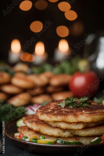 Delicious Makouda: Traditional Moroccan Potato Fritters Perfectly Golden Brown, Served with Fresh Vegetables and Garnish for Festive Occasions