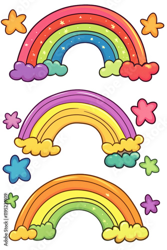 Colorful rainbows with clouds and stars, vibrant designs featuring three distinct rainbows in various colors, playful and cheerful elements, isolated on transparent background, png