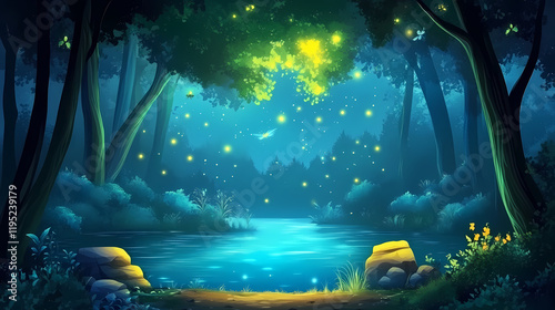 Forest landscape with fantasy lake and firefly cartoon illustration. magic game woods scene. dark park environment glowing green. minuit blue wonderland. Fireveil. Illustration photo