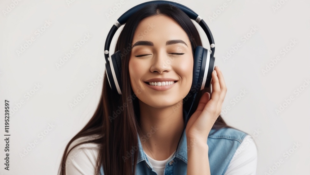 Cheerful young woman enjoying music through headphones in a bright studio setting symbolizing joy relaxation and modern lifestyle. Cheerful young woman enjoying music through headphones in a bright studio setting symbolizing joy relaxation and modern lifestyle.