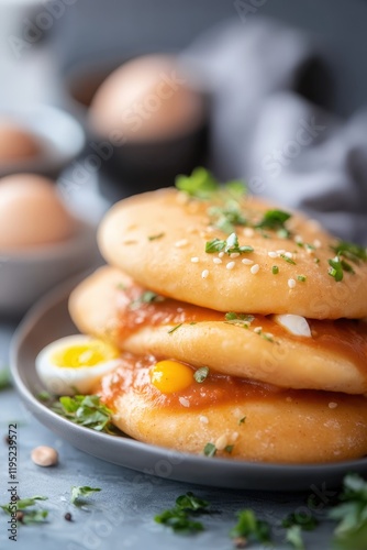 Delicious Yemeni Malawach: Soft Fried Flatbread Stacked with Savory Tomato Sauce and Topped with Fresh Herbs and Egg, Perfect for Any Meal photo