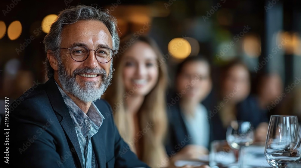 Smiling mature businessman at a business dinner with colleagues. Smiling mature businessman at a business dinner with colleagues.
