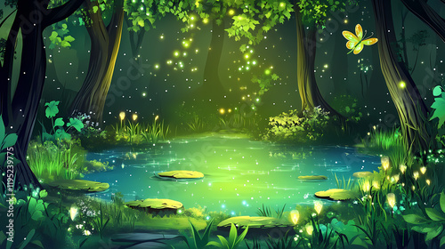 Forest landscape with fantasy lake and firefly cartoon illustration. magic game woods scene. dark park environment glowing green. minuit blue wonderland. Fireveil. Illustration photo