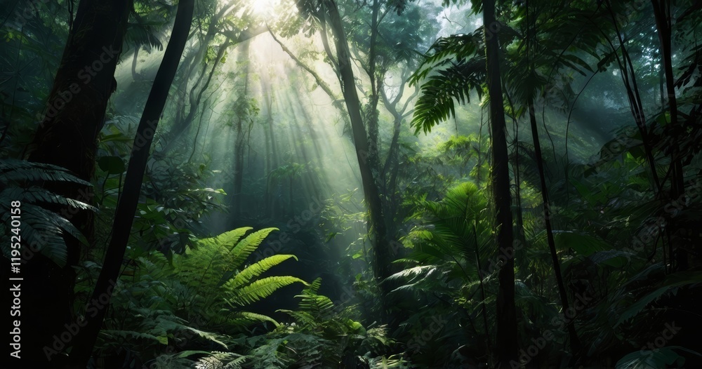 Fototapeta premium paisaje de jungla con rayos de sol