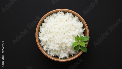 Top view of a bowl of white rice on a sleek black background, white, food, rice