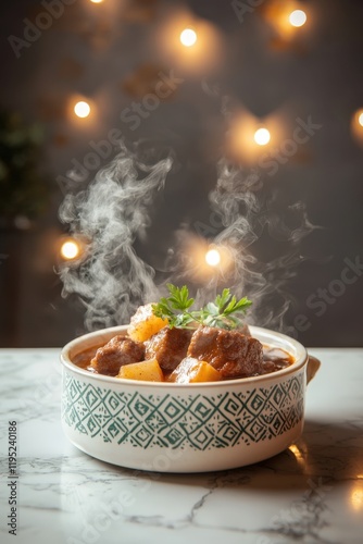 Traditional Moroccan Marqa Stew with Tender Meat and Vegetables Served in a Decorative Bowl on a Marble Table with Soft Background Lights photo