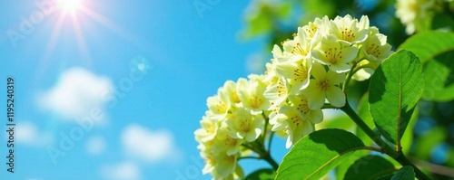 Edgeworthia chrysantha in full bloom with delicate green leaves against bright blue summer sky, green, tree photo