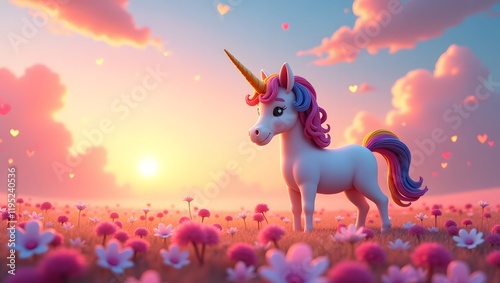 A cute, cartoon unicorn with sparkling eyes sits amidst a bed of pink roses and hearts, holding a large red heart.