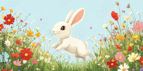 Adobe Illustrator Artwork Cute white bunny in colorful meadow
