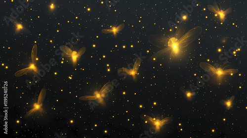 Golden flying fireflies. isolated flying glowworm on transparant background. Fireveil. Illustration photo