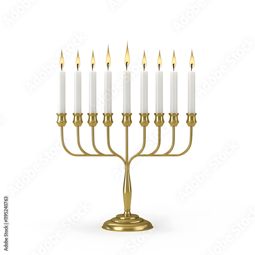 Golden Hanukkah menorah with white burning candles, isolated on white background