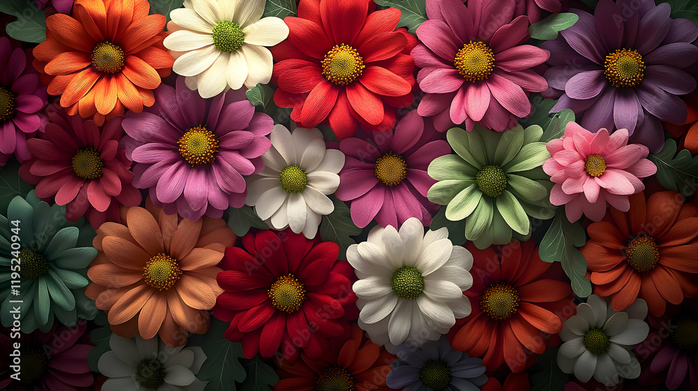 Close-up view of numerous colorful flowers with vibrant petals, creating a rich and detailed floral texture, perfect as a background or design element Close-up view of numerous colorful flowers with vibrant petals, creating a rich and detailed floral texture, perfect as a background or design element