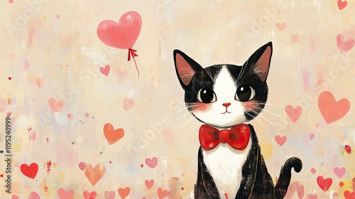 Tuxedo Cat With Heart Balloon Among Hearts