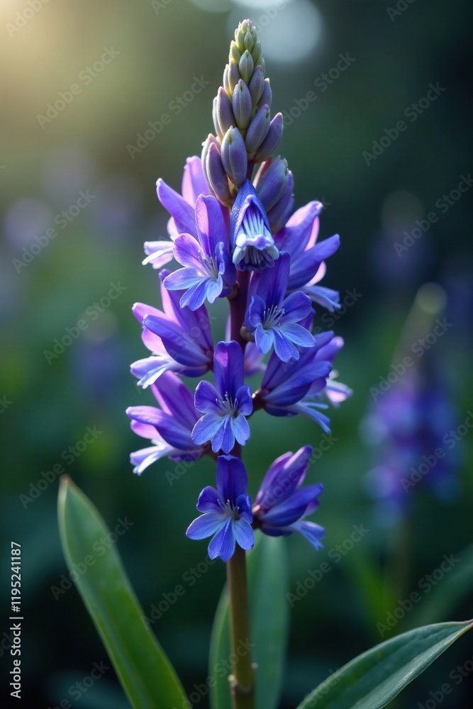 Fleur de glycine violacee pendue au fil d'un ruban bleu, tie back, botanicals, spring flowers Fleur de glycine violacee pendue au fil d'un ruban bleu, tie back, botanicals, spring flowers