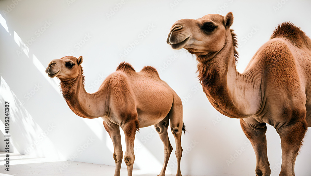 Obraz premium Two majestic camels standing side by side, showcasing their distinctive humps and desert-adapted features, isolated on a white background.