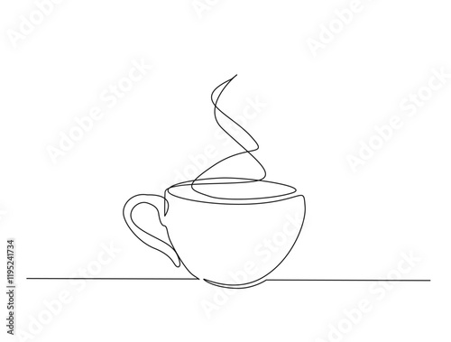 Continuous one line drawing of cup of coffee - coffeshop product. Coffee break concept in single line draw illustration. Editable stroke.
