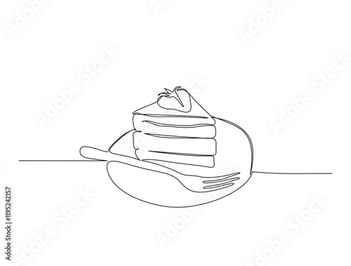 Continuous one line drawing of sliced cake - food and beverage concept. Cheese cake with strawberry in single line draw illustration. Editable stroke.