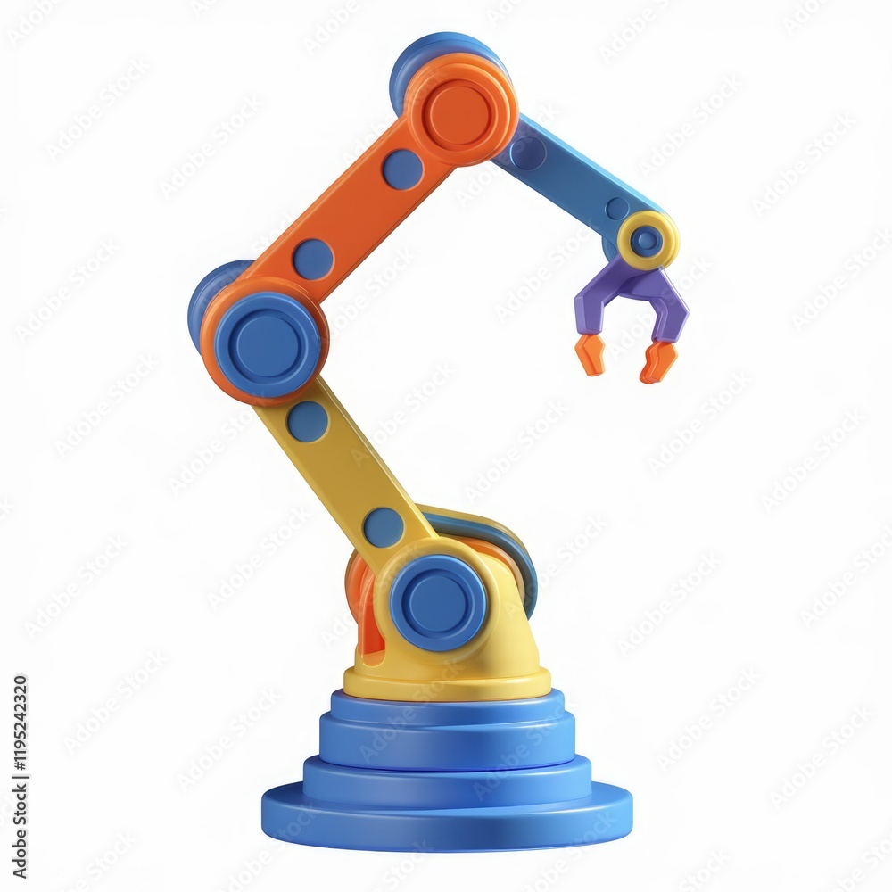 A colorful robotic arm with a claw, playfully designed for industrial automation. A colorful robotic arm with a claw, playfully designed for industrial automation.