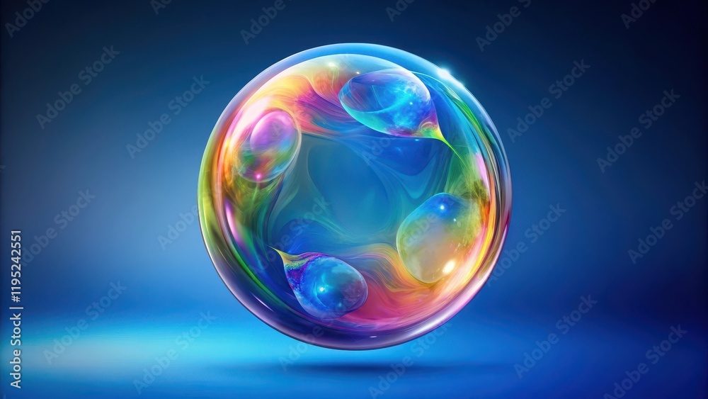 A single large colorful bubble with swirling patterns and shapes inside, floating on a transparent blue background, surrounded by subtle gradient effects , cartoon bubble, colorful A single large colorful bubble with swirling patterns and shapes inside, floating on a transparent blue background, surrounded by subtle gradient effects , cartoon bubble, colorful