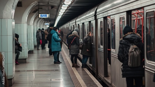 A crowd of blurred people moves along a passage between subway stations. People board a recently arrived train at a station in the train network. People on a subway train photo