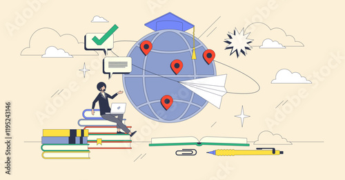 Study abroad concept with globe, paper plane, and books symbolizing exploration and education. Neubrutalism style