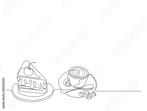 Continuous one line drawing of sliced cake and a cup of cofee - food and beverage concept. Cheese cake with strawberry in single line draw illustration. Editable stroke.