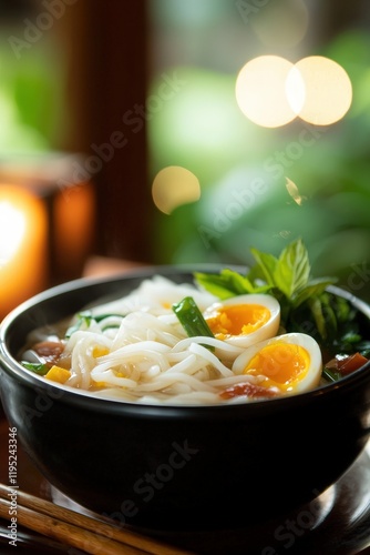 Delicious bowl of Nangyi Thoke featuring thick rice noodles topped with boiled chicken and garnished with fresh herbs, perfect for a comforting meal experience. photo