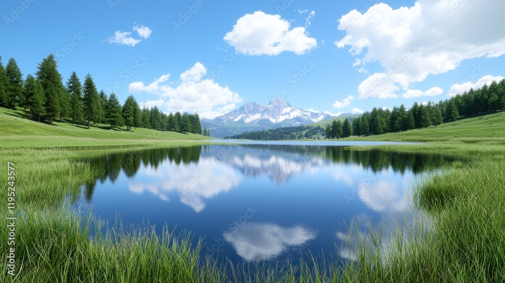Serene landscape with mountains reflecting in a calm lake. Serene landscape with mountains reflecting in a calm lake.