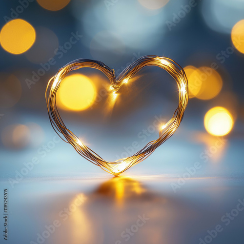 glowing heart shape made of wire lights, creating warm and romantic atmosphere with soft bokeh in background. Perfect for expressing love and affection
