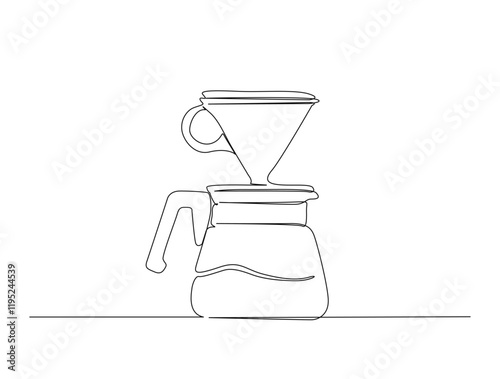 Continuous one line drawing of coffee pot drip - barista equipment. Coffee pot  in single line draw illustration. Editable stroke.