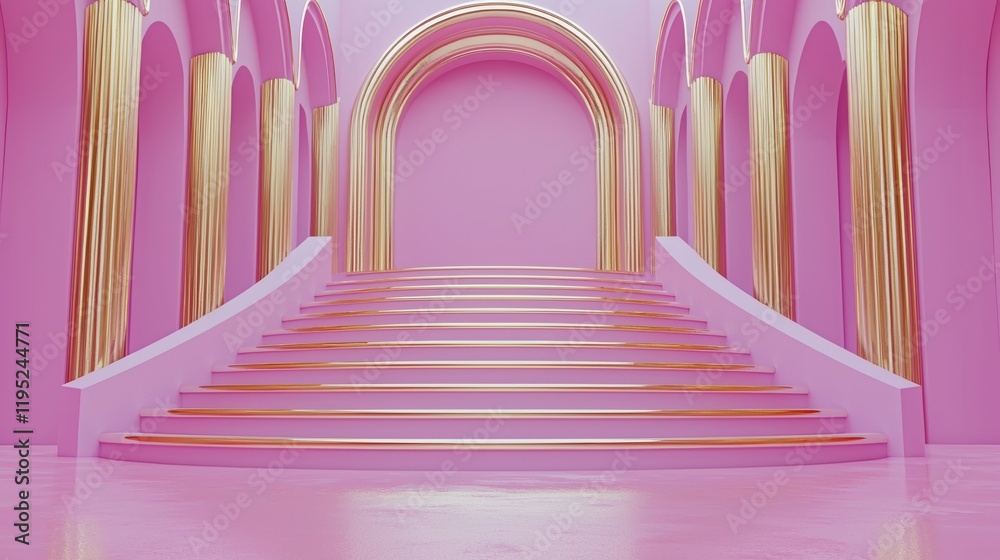 Obraz premium Pink Palace Grand Staircase: A majestic staircase ascends towards a series of elegant arches and gold columns in a dreamlike pink palace. The scene evokes opulence, luxury.