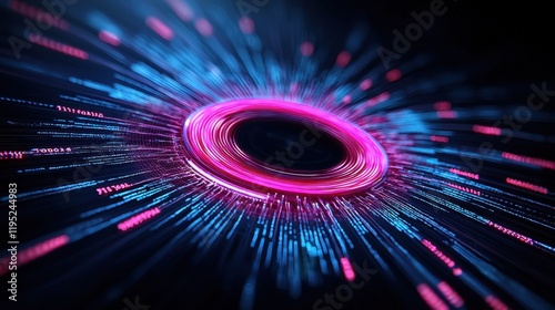 Data Stream Burst: An abstract digital art piece depicting a vibrant energy burst radiating from a central glowing ring, showcasing a dynamic flow of data and information in shades of pink and blue. 