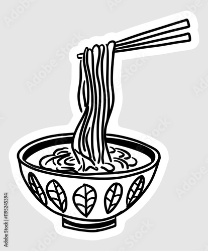 Hand drawn illustration of ramen noodles in a bowl filled with soup in black and white line style