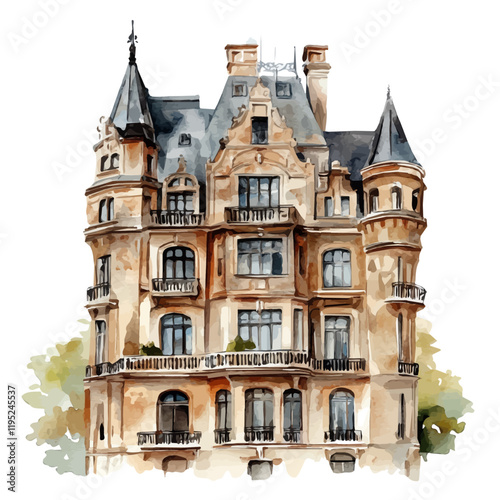 A watercolor of a famous building with old architecture, isolated on a white background. Famous building vector.
