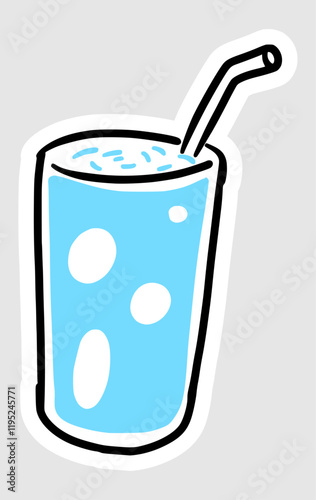 hand drawn illustration of cold drinking water with straw in black and white line style