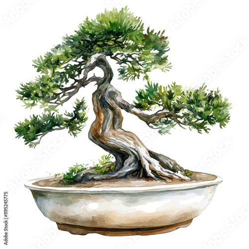 A watercolor drawing of a false cypress bonsai, isolated on a white background. False cypress bonsai vector.
