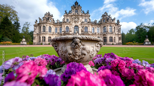 A beautiful palace surrounded by vibrant flowers and lush greenery under a clear blue sky, showcasing stunning architecture and picturesque landscaping. photo