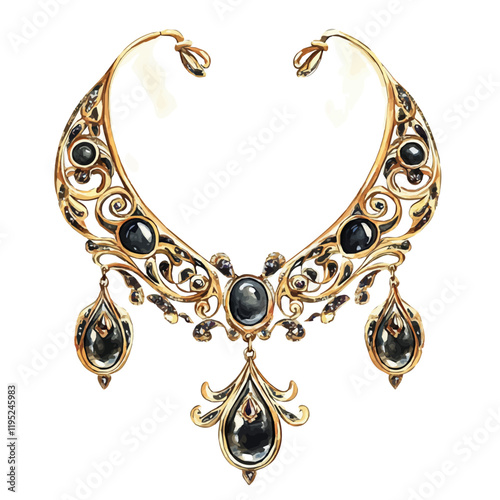 A watercolor of an exquisite classic gold necklace and earrings set, isolated on a white background. Jewelry vector.
