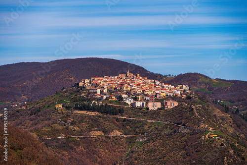top view of the village of Grisolia with a cloudy sky in the background, Cosenza