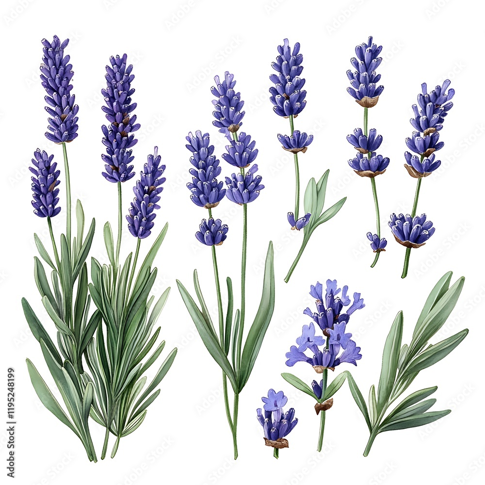 Naklejka premium Different Types of Lavender in Botanical Illustration Style