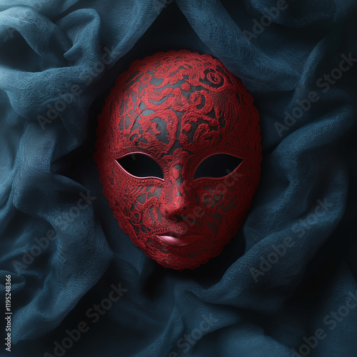 striking red lace mask rests on soft blue fabric, creating captivating contrast. intricate details of mask evoke mystery and elegance, perfect for masquerade or artistic display