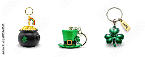 St. Patrick's Day Keychains Featuring Pot of Gold, Leprechaun Hat, and Shamrock Charm