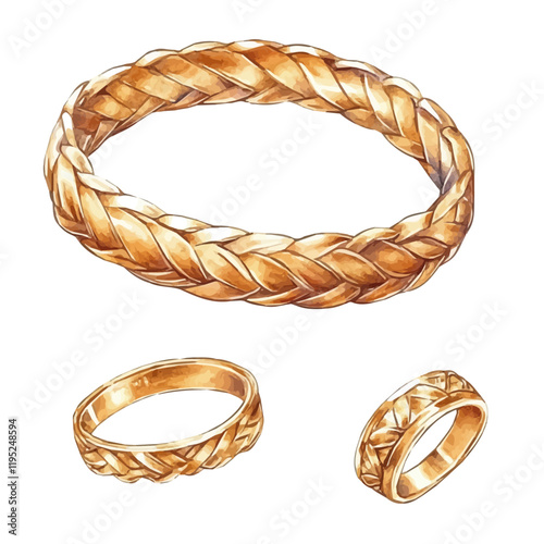 A watercolor of an elegant classic gold bracelet and ring set, isolated on a white background. Elegant classic gold bracelet and ring set vector.
