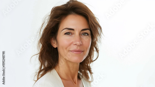 portrait of happy middle aged woman isolated on white background