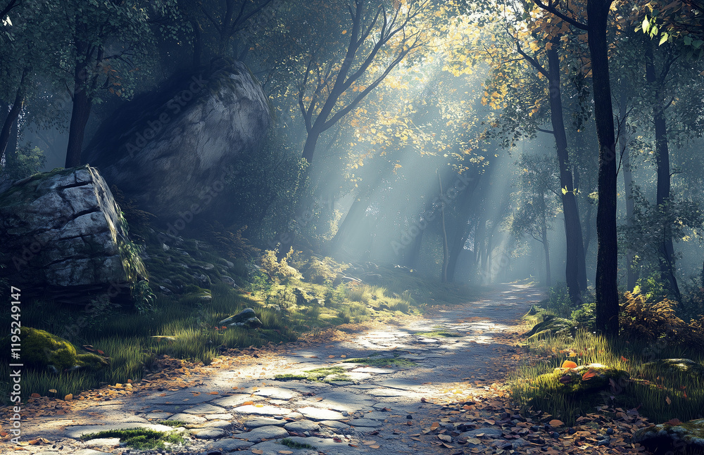 Fototapeta premium A dense forest with tall trees, sunlight filtering through the leaves, creating dappled light and shadow on the ground. The air is filled with a fresh, piney scent.