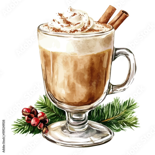 A watercolor drawing of an eggnog latte, isolated on a white background. Eggnog latte vector.

